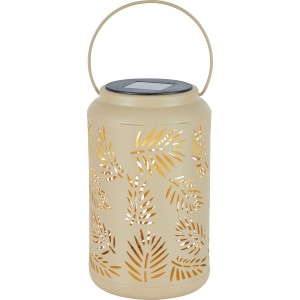 Lanterne solaire LED beige avec motif de feuilles, Ø 12x20 cm, pour jardin et balcon.