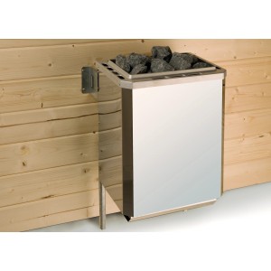 Poêle de sauna Weka Classic 7,5 kW avec pierres, montage sur mur en bois.
