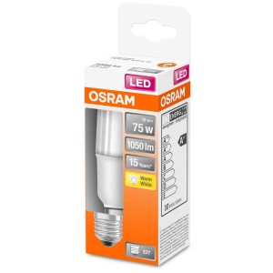 Lampadina LED Osram a forma di bastoncino E27, 75W, bianco caldo, nella confezione originale.