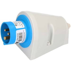 Blauer CEE-Wandstecker 230V/16A zur Aufputzmontage, spritzwassergeschützt.
