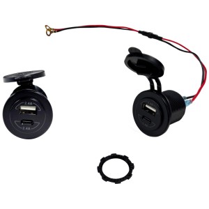 Presa da incasso USB-C nera per auto con porte USB e USB-C.