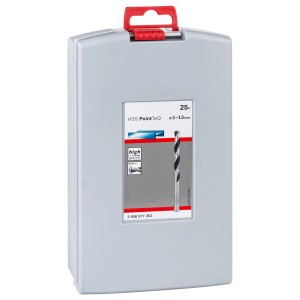 Jeu de forets hélicoïdaux Bosch PointTeQ, 25 pièces, Ø 1-13 mm dans un coffret gris.