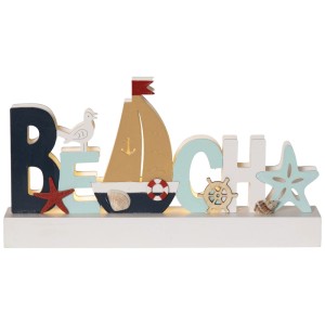 Decorazione LED da tavolo Seaside blu: scritta BEACH con barca a vela, gabbiano, stella marina. Arredo marittimo.