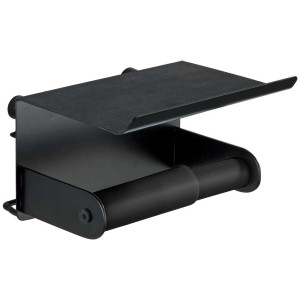 Porta carta igienica nero Wenko Classic Plus con ripiano per accessori bagno.