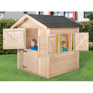 Weka Tabaluga Drachenhöhle : cabane de jeu en bois naturel avec porte et volets, deux enfants jouent à l'intérieur.