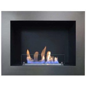 Cheminée murale bioéthanol Xaralyn Serra avec cadre en acier inoxydable et flamme.