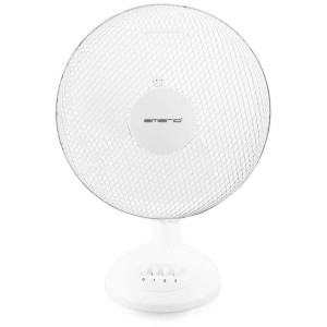 Ventilateur de table Emerio blanc avec trois vitesses et fonction pivotante.