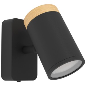 Applique murale Eglo Consuma, acier noir avec bois, douille GU10, convient aux pièces humides.