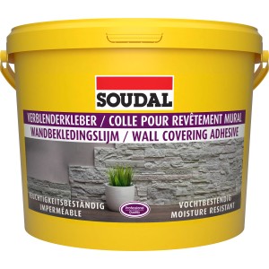 Gelber Eimer Soudal Verblenderkleber, 15 kg, für Wandverkleidung im Innenbereich.