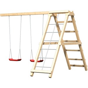 Balancelle double Karibu avec rampe en filet et structure d'escalade en bois, finition naturelle.