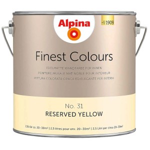 Barattolo di pittura murale Alpina Finest Colours Reserved Yellow, una pittura per interni gialla opaca.