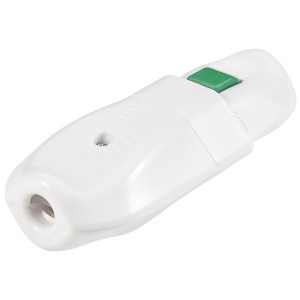 Weißer Steko Lock Stecker/Kupplung T12/T13, teilisoliert mit grünem Sperrknopf.