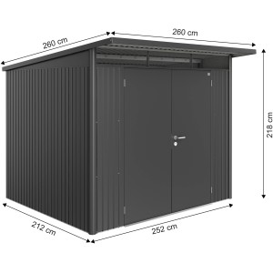 Casetta da giardino in metallo Biohort AvantGarde A6, grigio scuro metallizzato, con doppia porta e dimensioni.