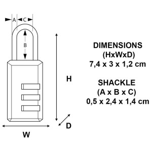 Abbildung eines schwarzen Master Lock Zahlen-Vorhängeschlosses mit 3-stelligem Zahlencode und Maßangaben.