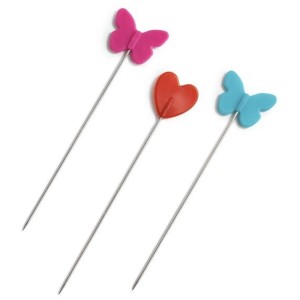 Spilli Prym Love con teste in plastica a forma di cuore e farfalla, 50 pezzi.