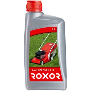 Huile moteur pour tondeuse Roxor 1L en bidon, adaptée aux tondeuses et outils de jardin.