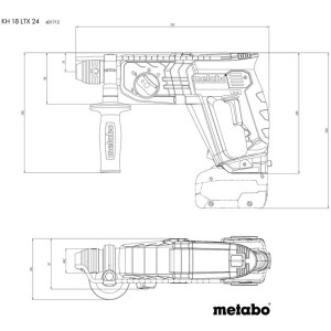 Dessin technique du marteau perforateur sans fil Metabo KH 18 LTX 24 sans batterie, avec dimensions.