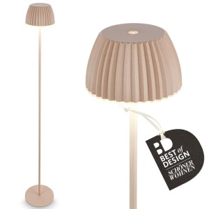 Lampadaire sur pied sans fil beige Brilo Riffle avec abat-jour côtelé et variateur tactile.