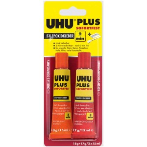 UHU Plus Adesivo epossidico bicomponente, confezione da 35g con due componenti per una presa immediata.