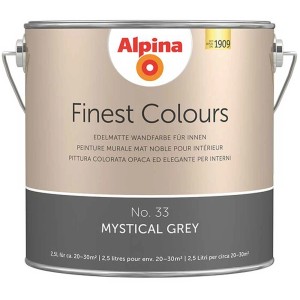 Barattolo di pittura murale Alpina Finest Colours Mystical Grey, 2,5 l. Pittura opaca grigia per interni.
