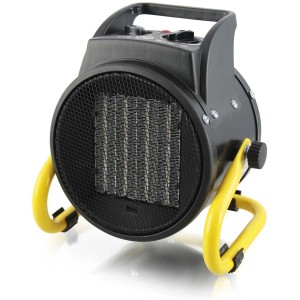 Stufetta elettrica Emerio 2000W, termoventilatore con maniglia e supporto giallo.