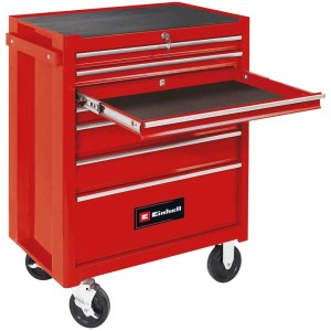 Chariot d'atelier rouge Einhell TC-TW 150 avec 7 tiroirs, dont un ouvert.