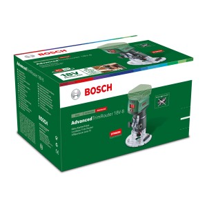 Confezione della fresatrice a batteria Bosch Advanced TrimRouter 18V-8 Solo. Fresatrice a batteria per la lavorazione del legno.