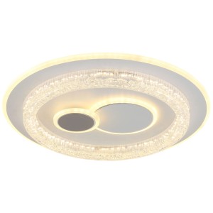 Plafonnier LED rond Globo Kriswall 4 en métal blanc mat avec abat-jour acrylique et effet cristal, éclairé.
