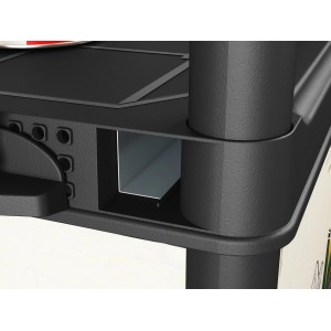 Gros plan : étagère en plastique noire OBI XL-120, système d'enfichage, robuste et facile d'entretien.