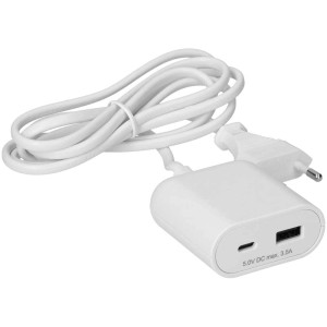 Chargeur USB A/C blanc avec prise euro et câble de 1,5 m, 3,5 A.