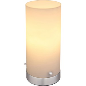 Globo LED lampada da tavolo Cyli, lampada da comodino in vetro, bianco/nickel opaco, cilindrica.