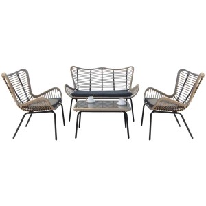 Ensemble lounge Acamp Korfu 4 pièces : salon de jardin avec table, banc et deux fauteuils en polyrotin.