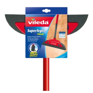 Vileda Superfeger Classic balai d'intérieur avec manche télescopique pour sols lisses, rouge.