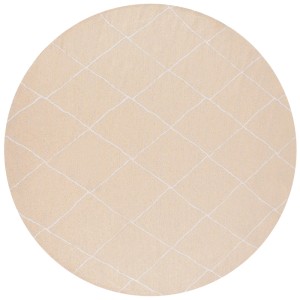 Runder beiger Outdoor-Teppich Gwalior aus Polypropylen mit weissem geometrischem Jacquard-Muster.