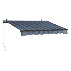 Tenda a braccio Aventura 3x2m blu-grigio con motivo a righe e manovella.