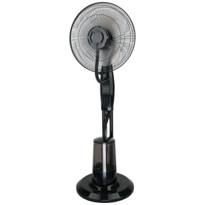 Ventilateur sur pied noir avec fonction brumisateur, hauteur 125 cm, diamètre 43 cm.