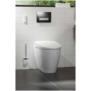 Salle de bain avec carrelage mural Cersanit Cleo gris clair, aspect béton mat, 29,8x59,8 cm.