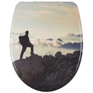Sedile WC Diaqua Nice Adventure con motivo montano ed escursionista, chiusura rallentata.