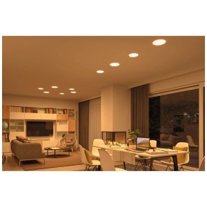 Salon avec panneau LED encastrable Paulmann Veluna, spots encastrables ronds à lumière blanc chaud.