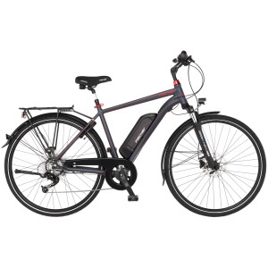 Vélo de trekking électrique pour homme Fischer Viator 1.0, 28 pouces, avec porte-bagages et batterie sur le cadre.