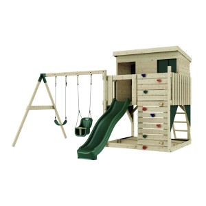 Torre gioco PolarPlay Nils con altalena per bambini e scivolo, in legno.