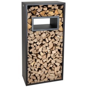Range-bûches Nouvel en métal anthracite rempli de bois de chauffage.