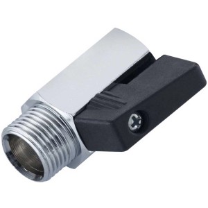 Mini valvola a sfera, ottone cromato, 3/4" IG x 3/4" AG con maniglia nera.