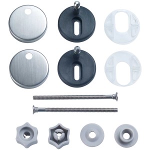 Kit de fixation pour siège de WC Diaqua avec vis, écrous, charnières et rondelles.