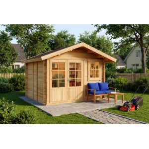 Abri de jardin Alpholz Palermo 331x331cm non traité avec double porte et fenêtre dans le jardin.