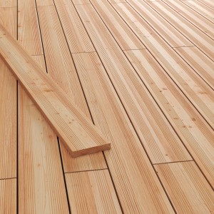Lames de terrasse en douglas, surface rainurée, aspect bois naturel pour l'extérieur.