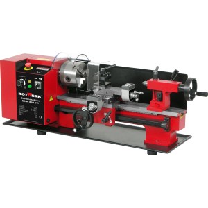 Tornio Rotwerk EDM 350 DR, struttura in metallo rosso con mandrino a tre griffe e display digitale.
