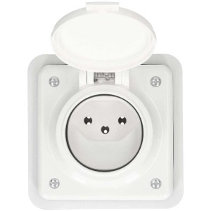 Presa a muro Electro-Mica bianca tipo 13 con coperchio a cerniera, IP55 per esterni.