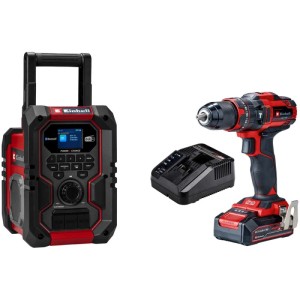 Set Einhell radio a batteria e trapano avvitatore a percussione con caricabatterie e batteria.