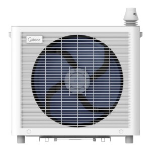 Midea Split-Klimaanlage PortaSplit Cool, mobil, weißgrau, Außeneinheit mit blauem Ventilatorgitter.